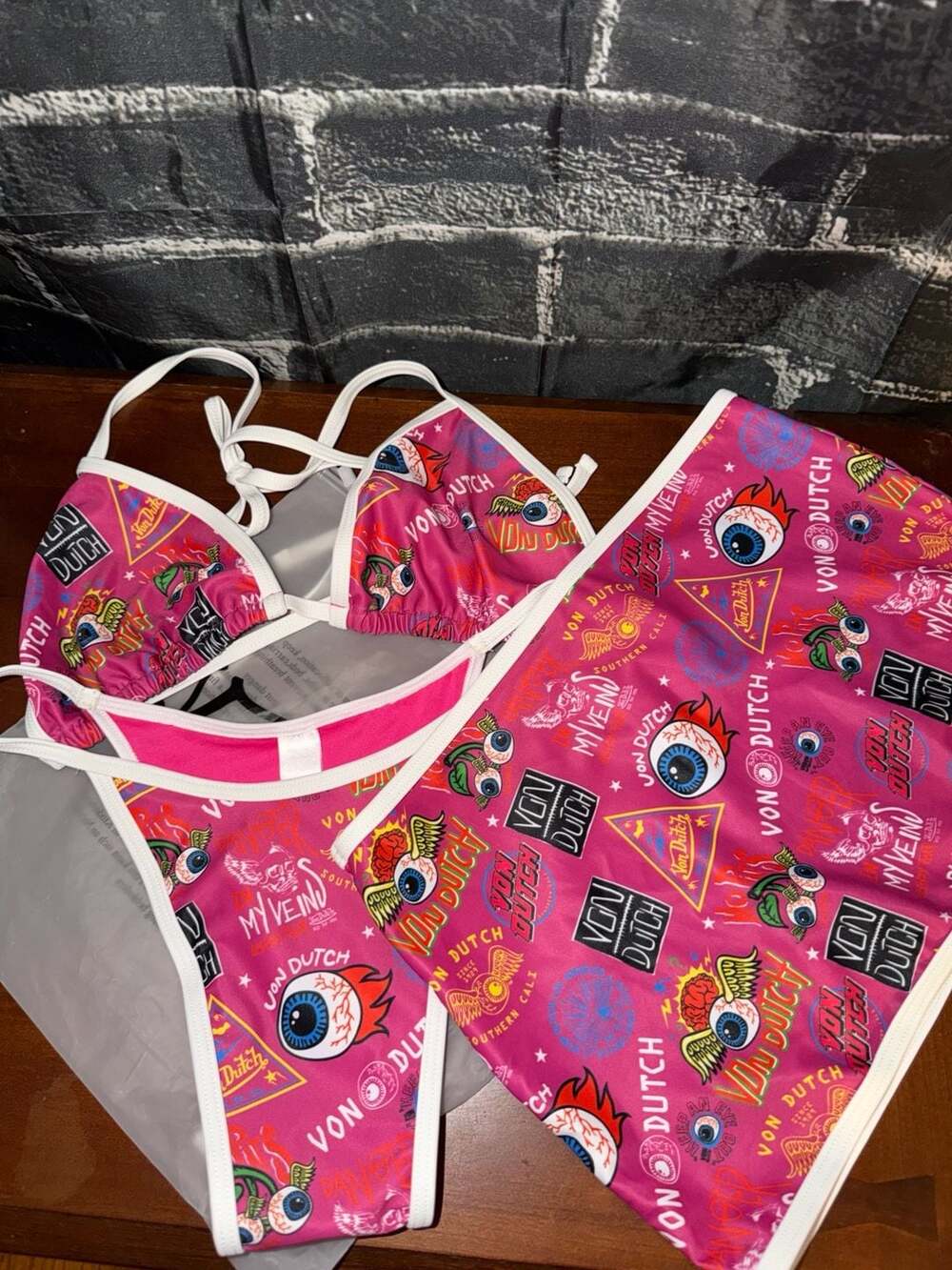 Von Dutch Pink3 3 piece Bikini Set with Eye and Skull Pattern